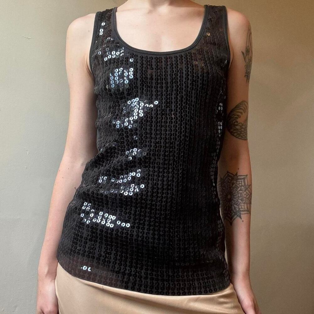 Vintage Express Black Sequin Tank Top Medium Y2K NYE Party